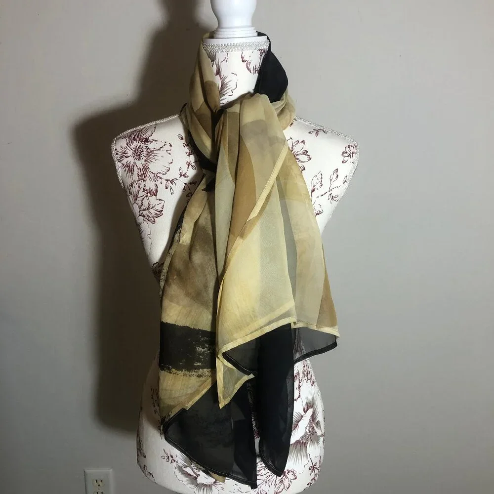 Gottex Sheer Floral Silk Scarf Wrap – Neutral Gold & Black